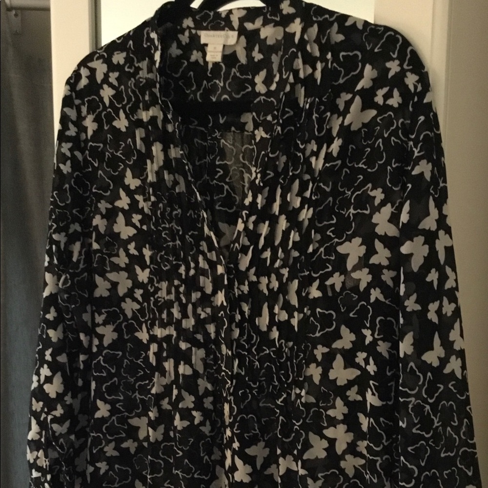 Black/White Semi-Sheer Butterfly Print Top